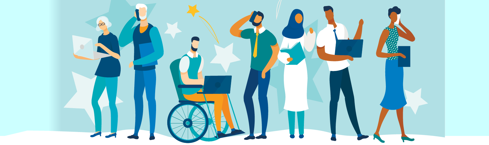 Illustration of men and women standing together, one in a wheelchair, using electronic devices