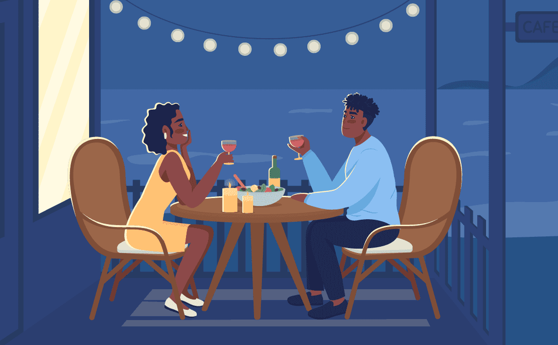 An illustration of an African American couple enjoying a romantic dinner